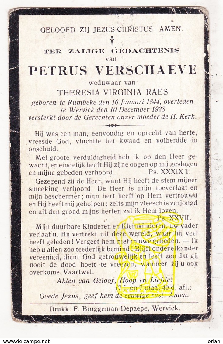 DP Petrus Verschaeve ° Rumbeke Roeselare 1844 † Wervik 1928 X Th. Raes - Images Religieuses