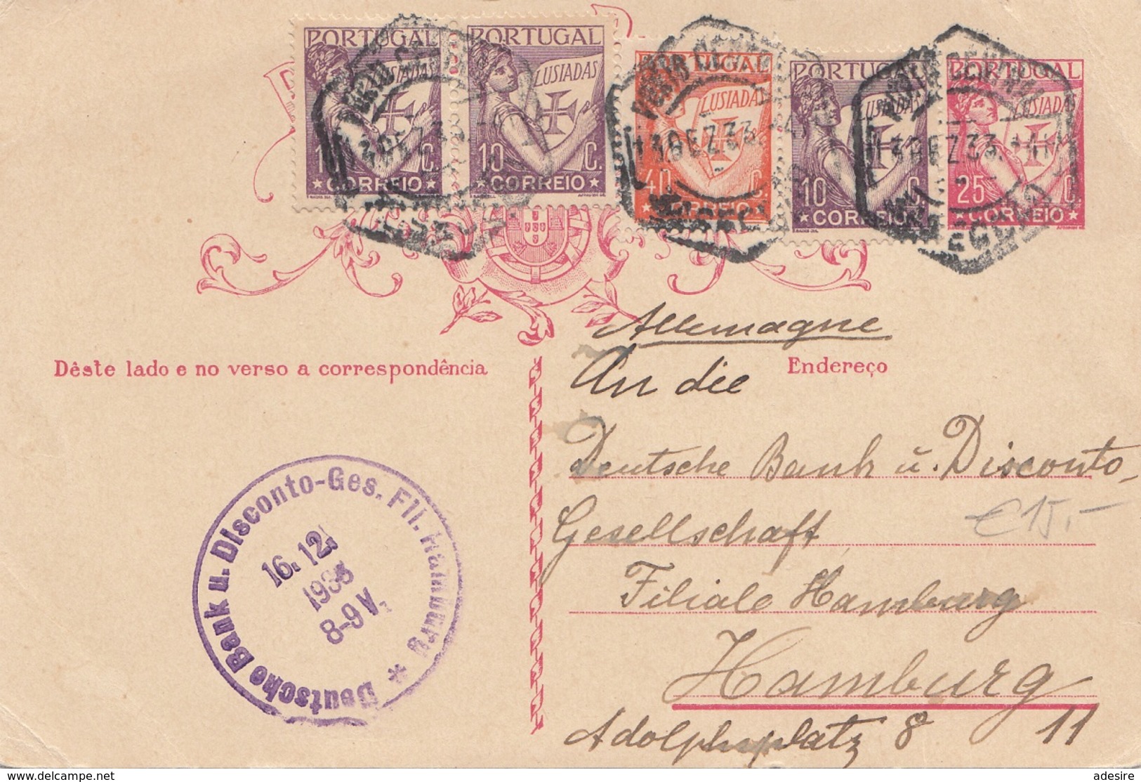 PORTUGAL 1933 - 25 C Ganzsache + 3 X 10 + 40 C Zusatzfrankierung Auf Pk Gel.v. Portugal > D.Bank Discont Hamburg - Briefe U. Dokumente