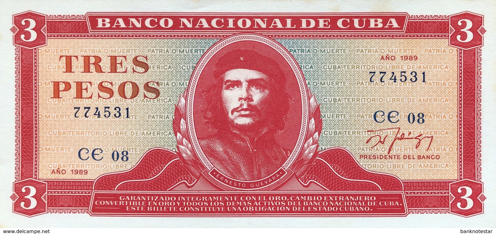 Cuba 3 Pesos, P-107b (1989) - AUNC - Che Banknote - Cuba