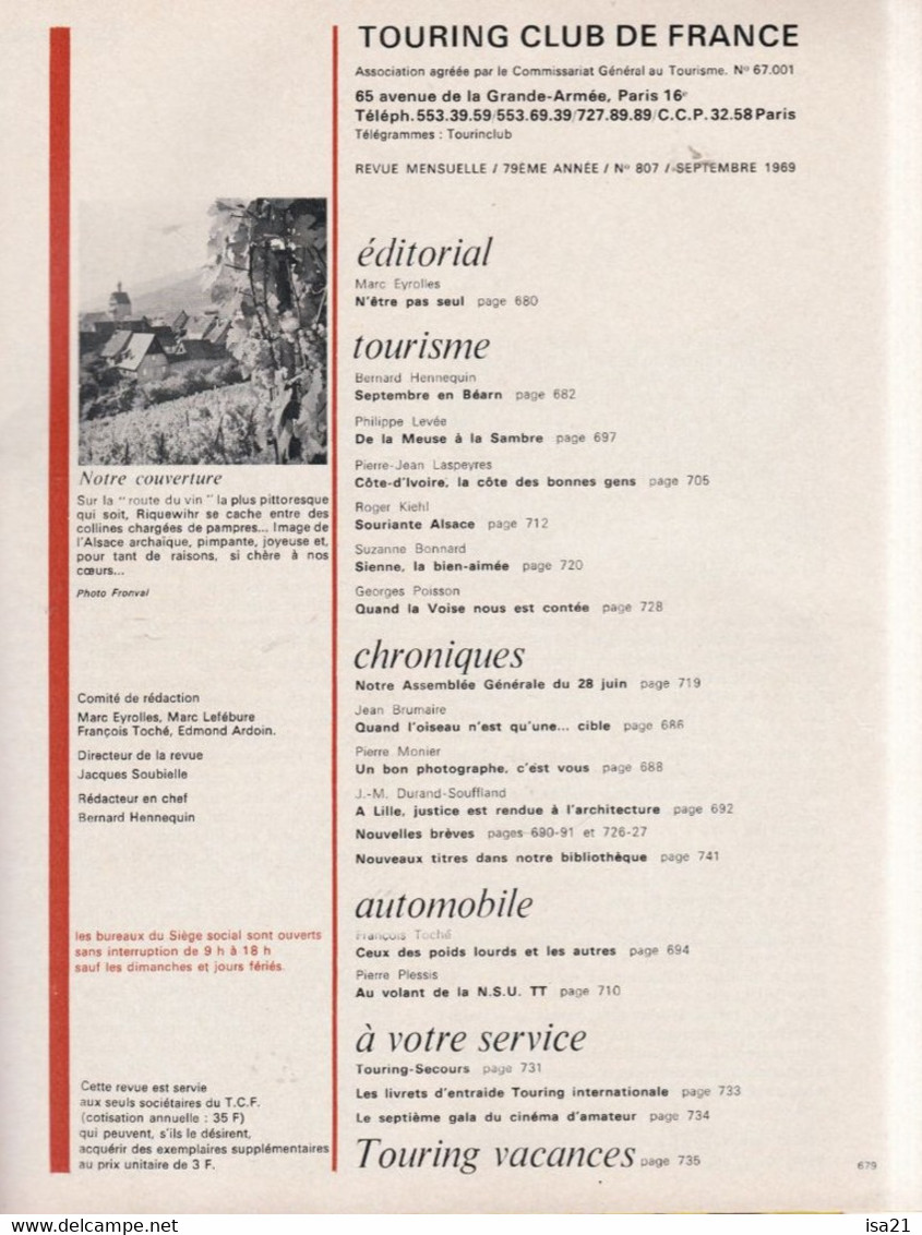 La Revue Du Touring Club 1969 Septembre: Riquewihr, Béarn, De La Meuse à La Sambre,  Le Sommaire Est Scanné - Tourisme & Régions