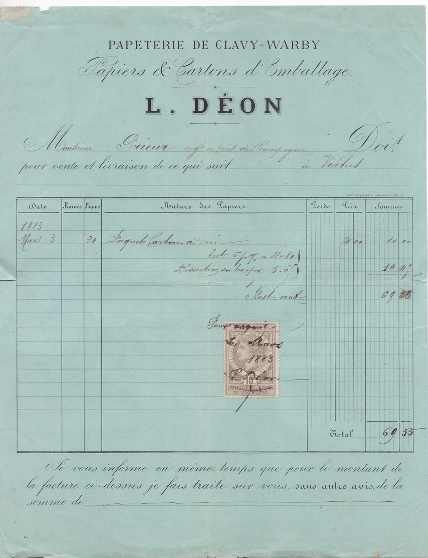08 Papeterie De Clavy-Warby L DEON .Facture De 1883 Complète Avec Timbre Fiscal. Tb état. - 1800 – 1899