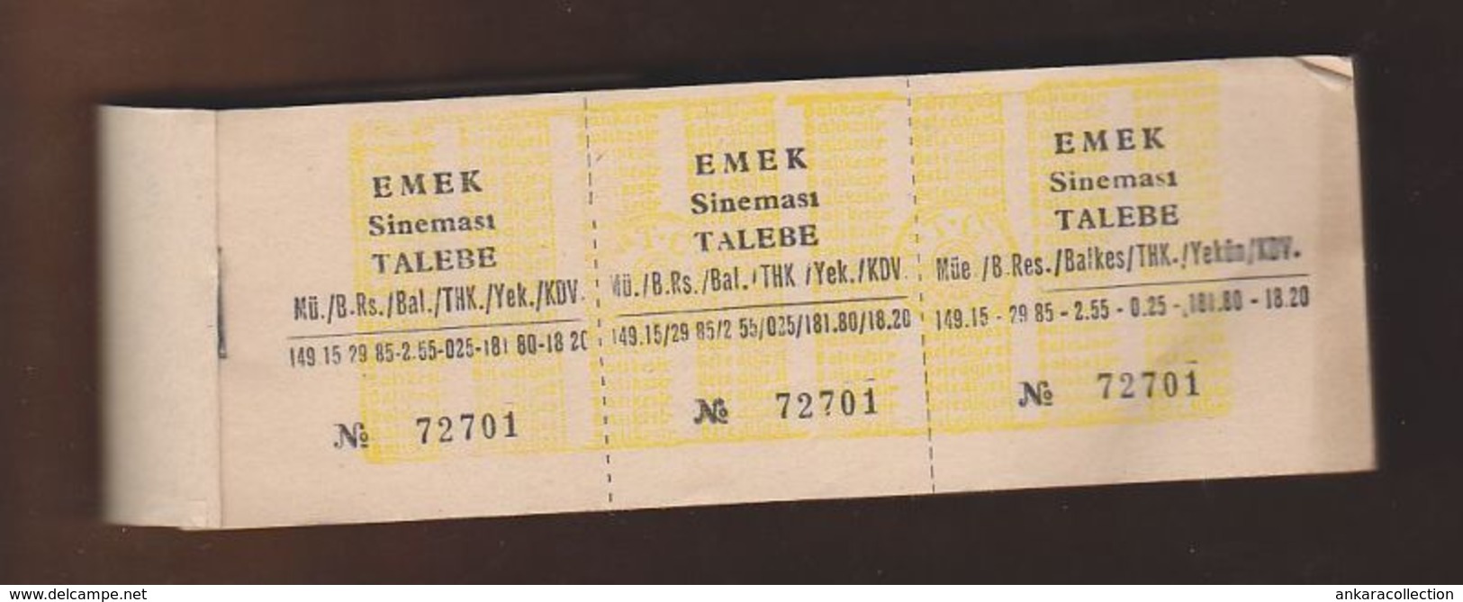 AC - EMEK CINEMA 100 PIECES UNUSED TICKETS WITH COUNTERFOILS 72701 - 72800 FOR STUDENT BALIKESIR, TURKEY - Concert Tickets