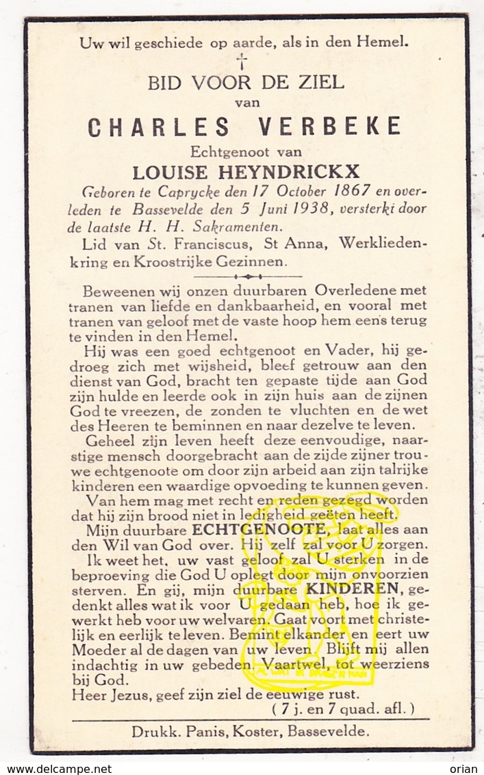 DP Charles Verbeke ° Kaprijke 1867 † Bassevelde Assenede 1938 X Louise Heyndrickx - Images Religieuses