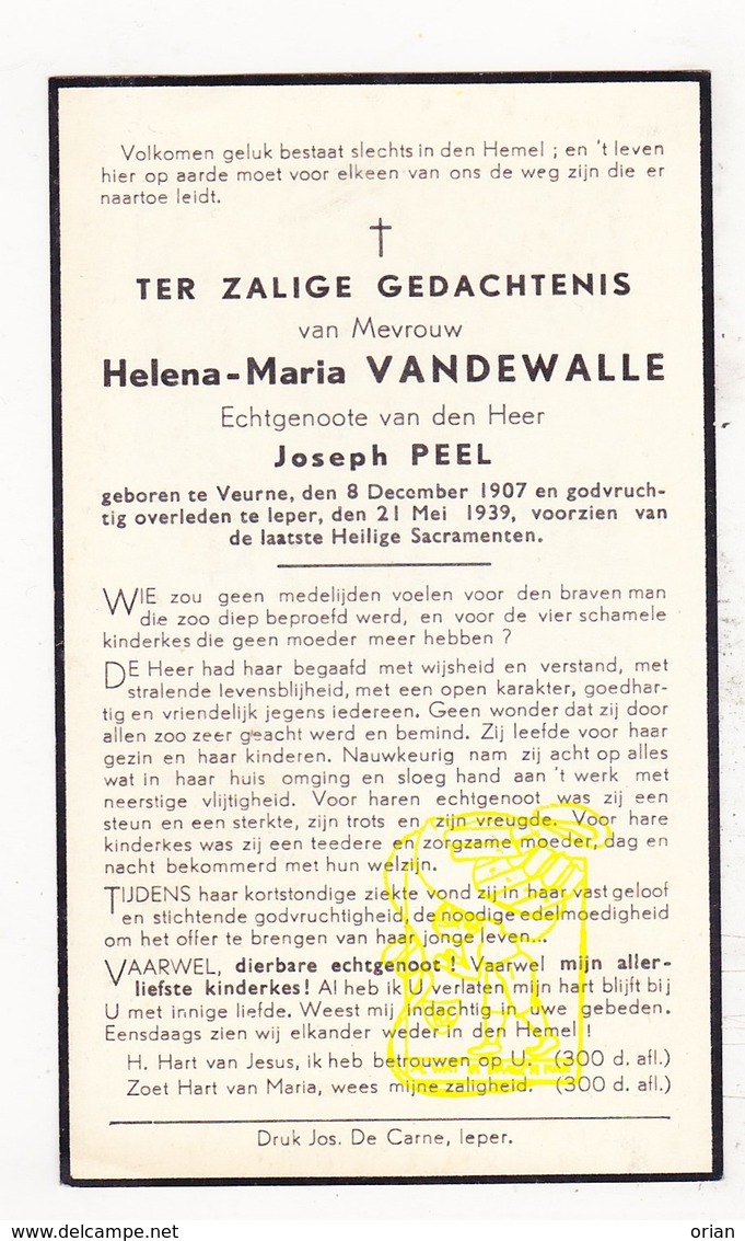 DP Helena M. VandeWalle ° Veurne 1907 † Ieper 1939 X Joseph Peel - Images Religieuses