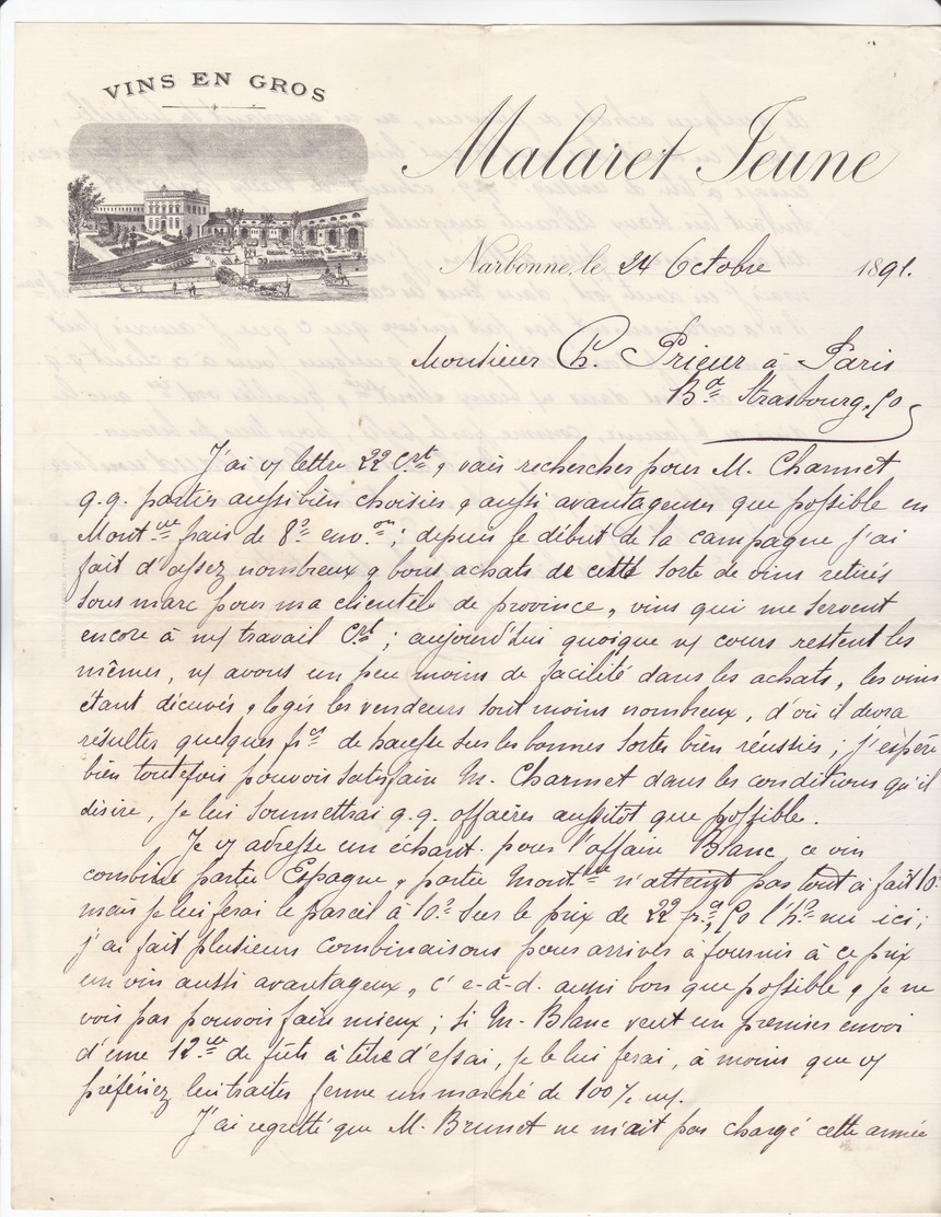 09 Narbonne - Lettre Illustrée De 1891 Vins En Gros Malaret Jeune. Tb état. - 1800 – 1899