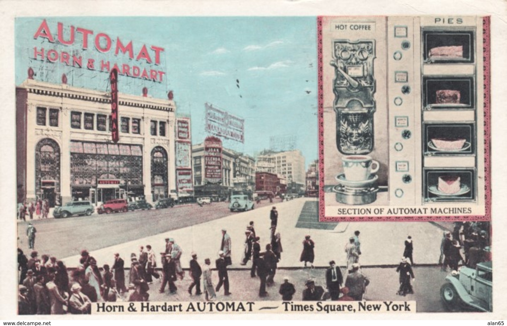 New York City, Horn & Hardart Automat Cafeteria Restaurant, C1930s Vintage Lumitone Postcard - Time Square