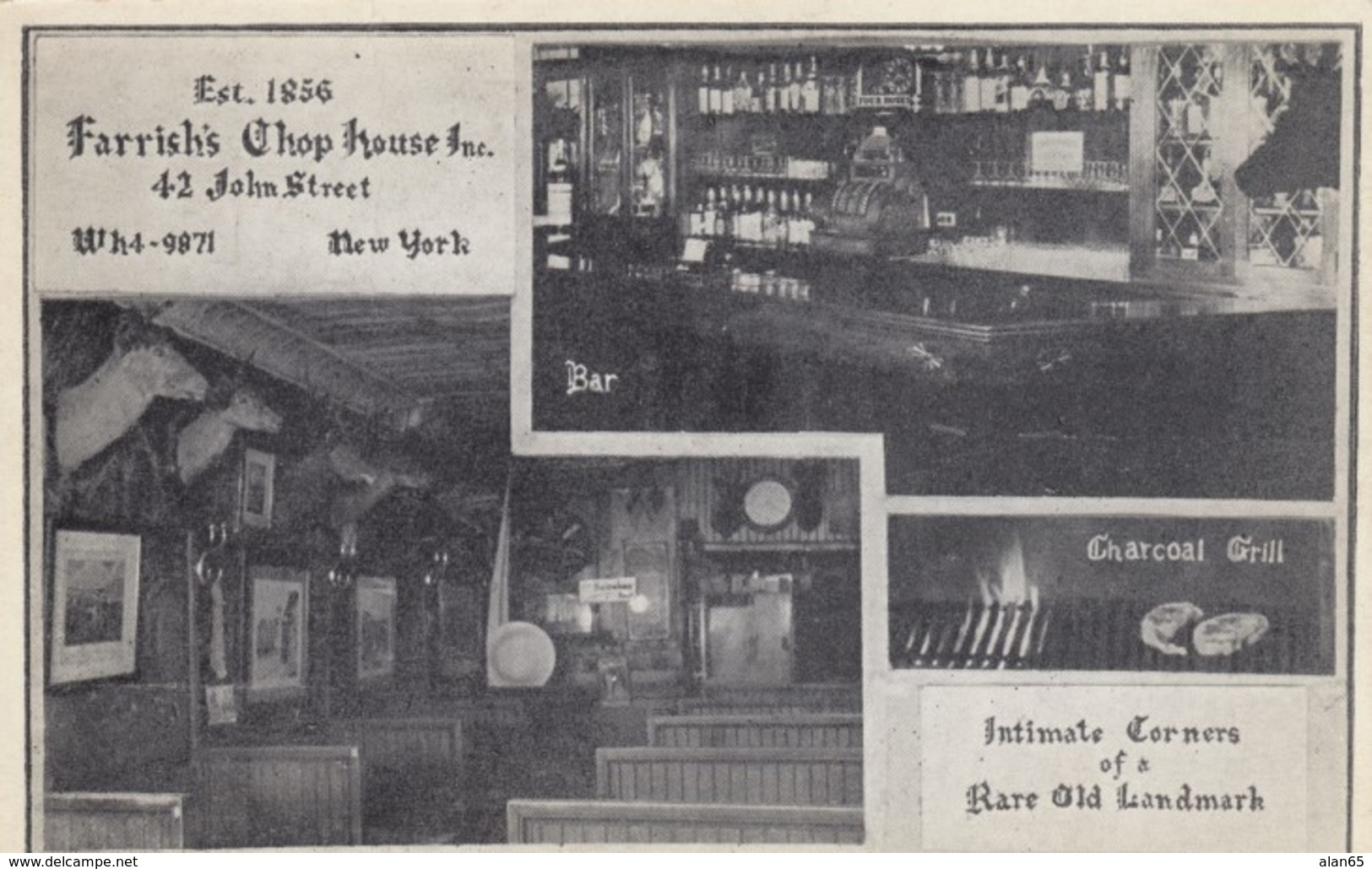 New York City, Farrish's Chop House 42 John Street Restaurant Interior View C1920s/30s Vintage Postcard - Bars, Hotels & Restaurants