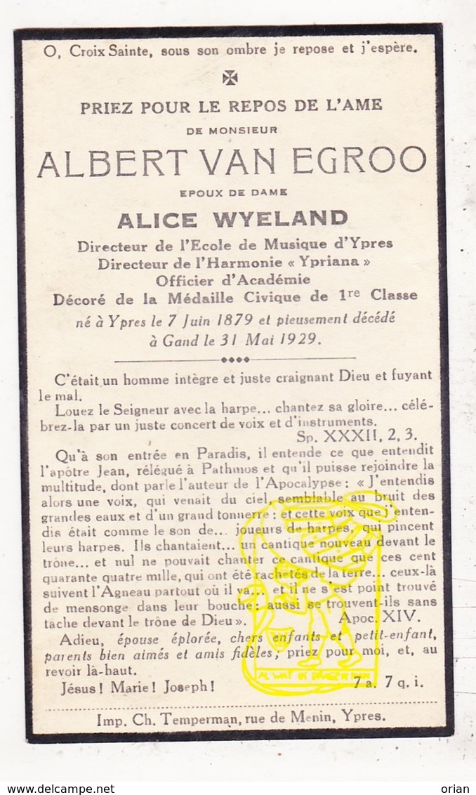 DP Foto - Directeur Muziekschool & Ypriana - Dirigent Componist - Albert Van Egroo ° Ieper 1879 † Gent 1929 X A. Wyeland - Images Religieuses