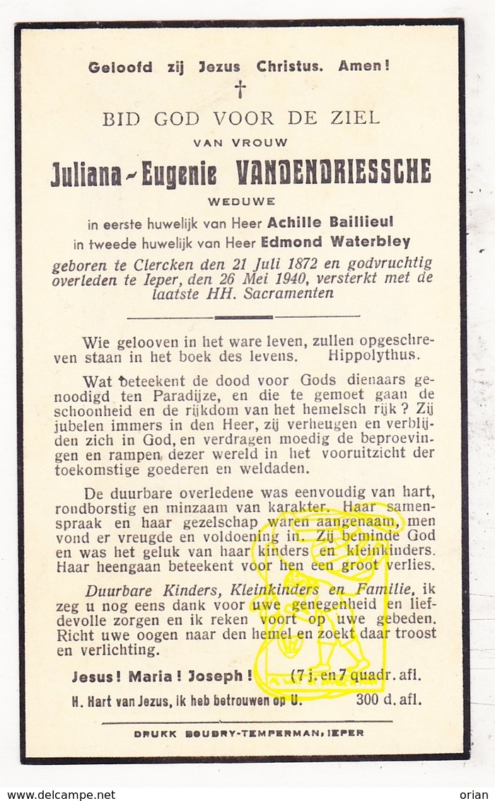 DP Juliana E. Vandendriessche ° Klerken Houthulst 1872 † Ieper 1940 X A. Baillieul Xx E. Waterbley - Images Religieuses