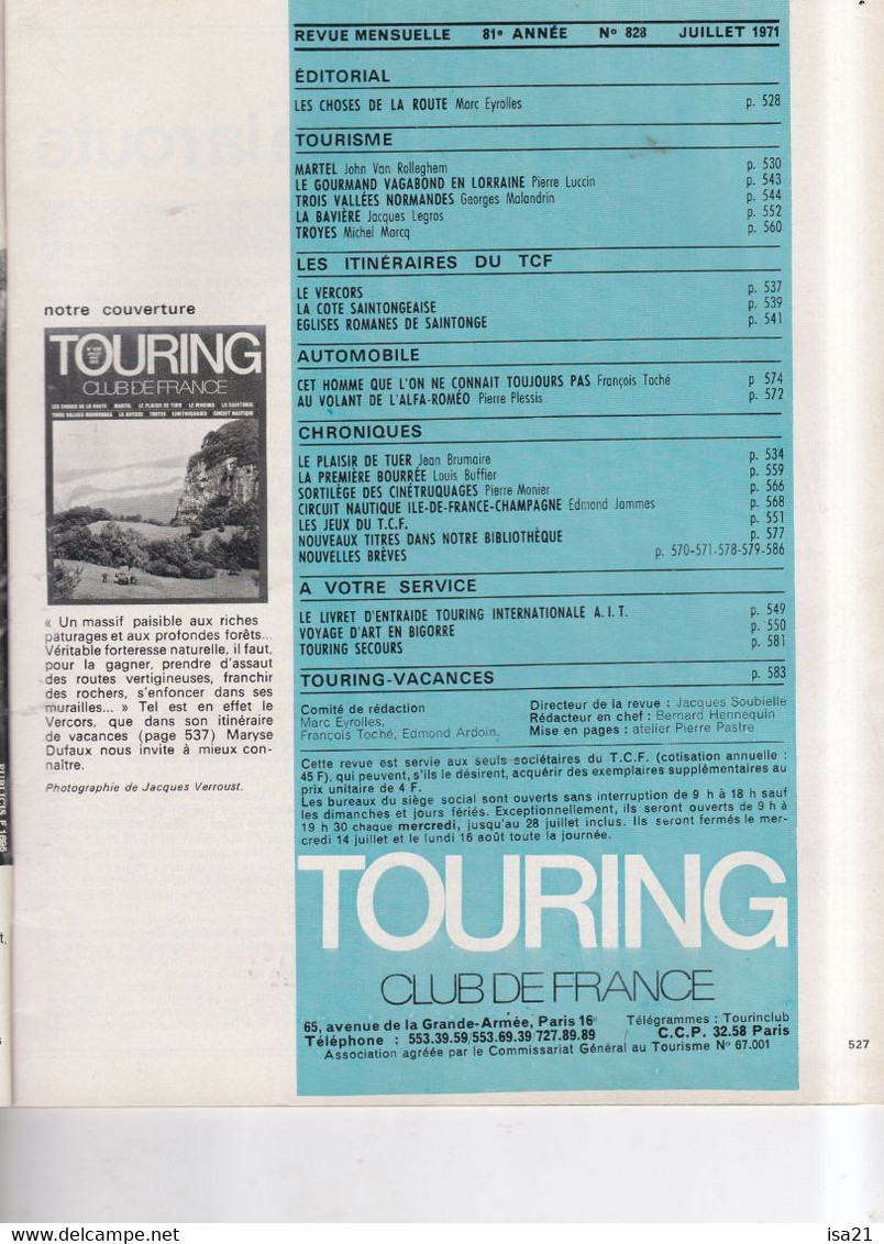 La Revue Du Touring Club 1971 Juillet-Août: Le Vercors, Martel, En Lorraine, La Baviaire, Troyes, Le Sommaire Est Scanné - Tourisme & Régions