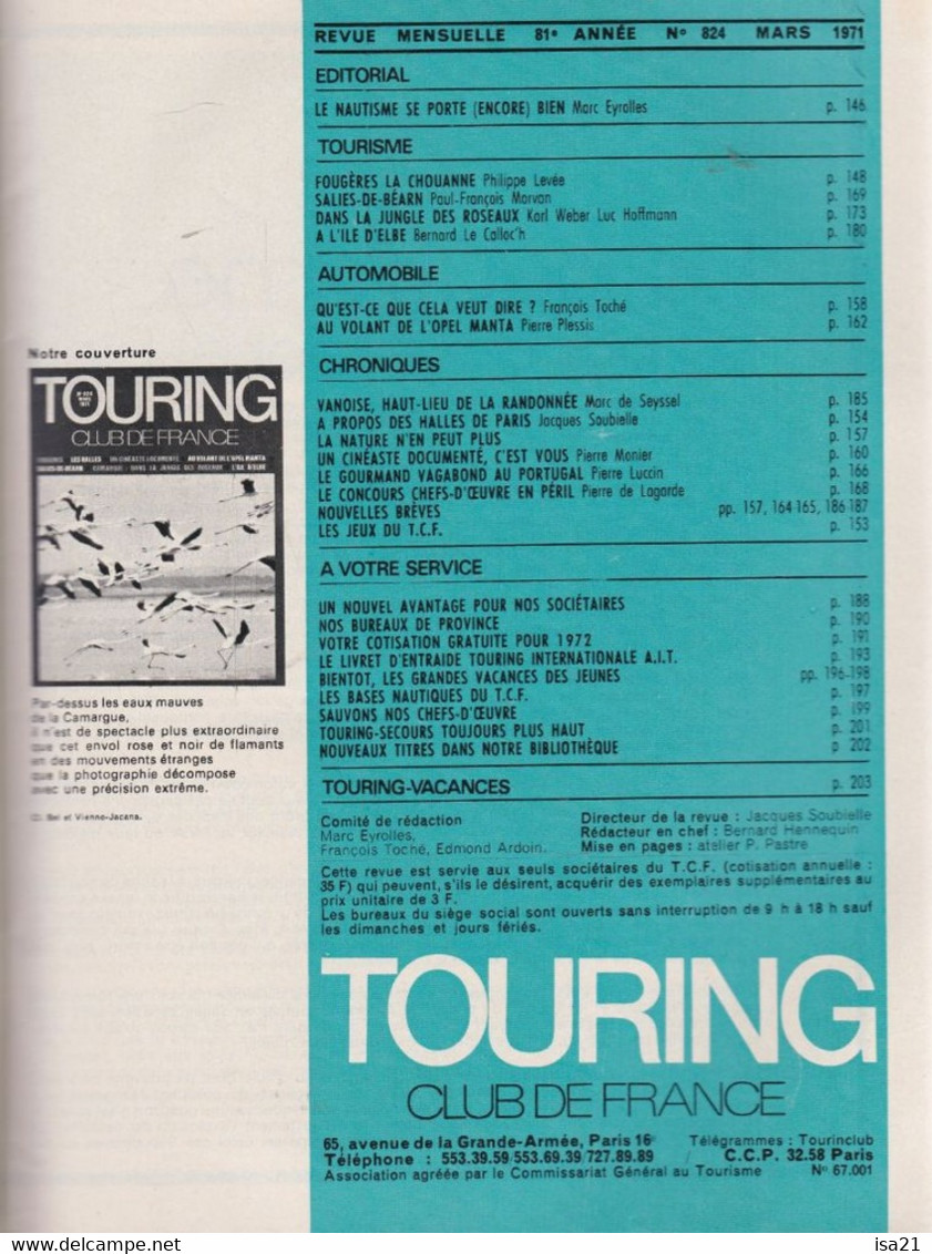 La Revue Du Touring Club 1971 Mars: La Camargue, Fougères, Salies De Béarn, L'Ile D'Elbe, Opel ,Le Sommaire Est Scanné. - Tourisme & Régions