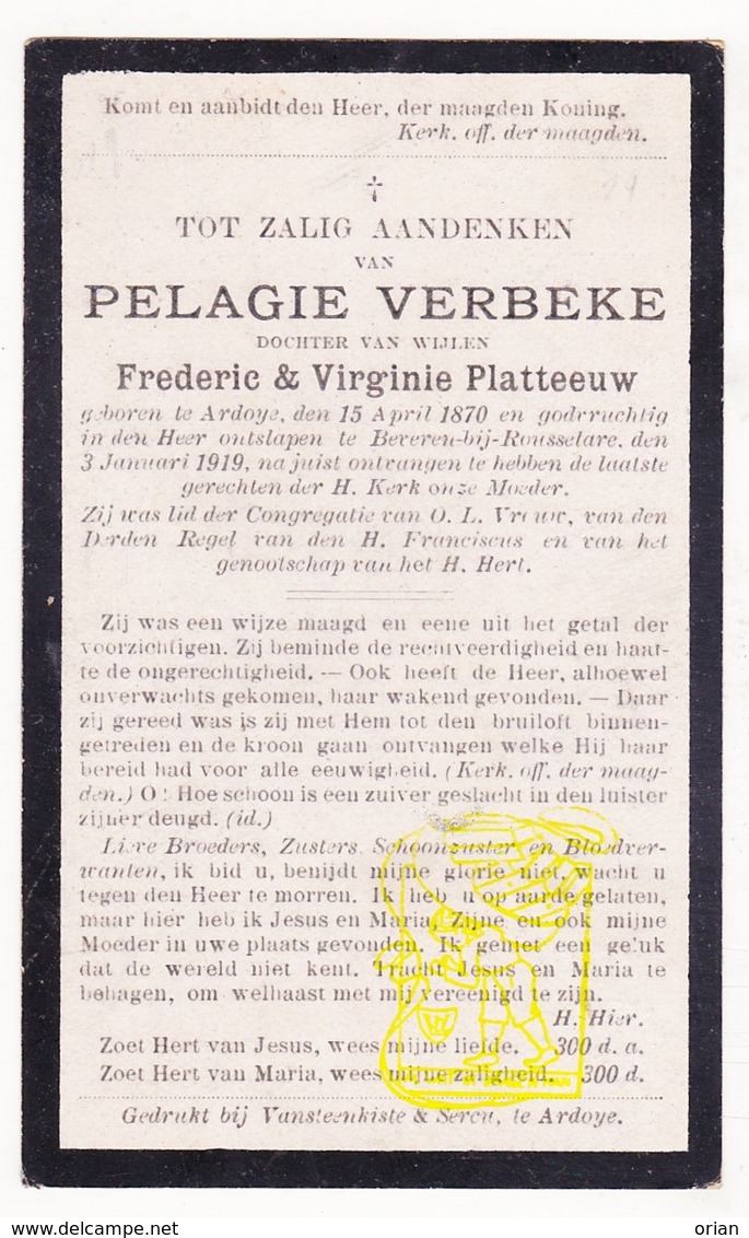 DP Pelagie Verbeke / Platteeuw ° Ardooie 1870 † Beveren Roeselare 1919 - Images Religieuses