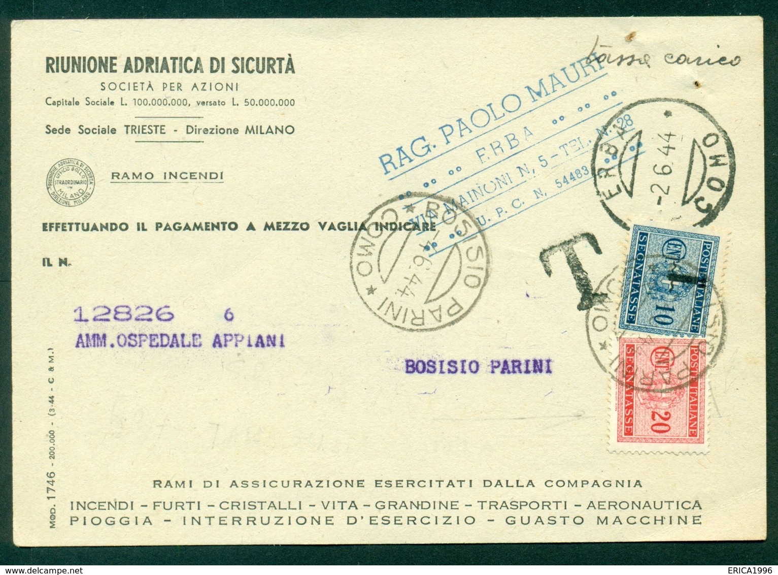 Z1019 ITALIA RSI 1944 Cartolina Commerciale Con Tassa A Carico, Da Erba 2.6.44 Per Bosisio Parini, Tassata In Arrivo - Storia Postale