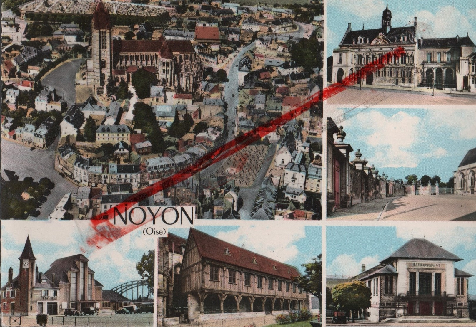 (Oise) Noyon - 60 - Multivues (colorisée) Cathédrale, Théâtre, Hôtel De Ville, Gare, Bibliothèque (circulé 1970) - Noyon