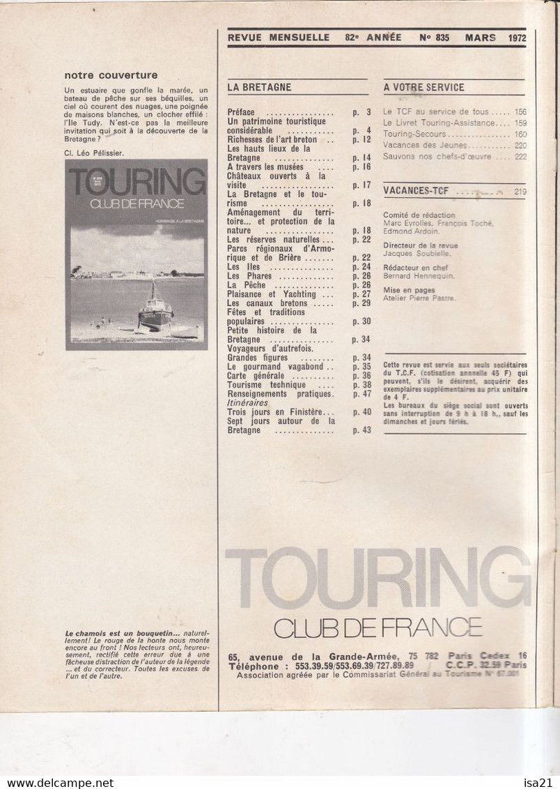 La Revue Du Touring Club 1972 Mars: Numéro Spécial: HOMMAGE A LA BRETAGNE, Le Sommaire Est Scanné - Tourisme & Régions