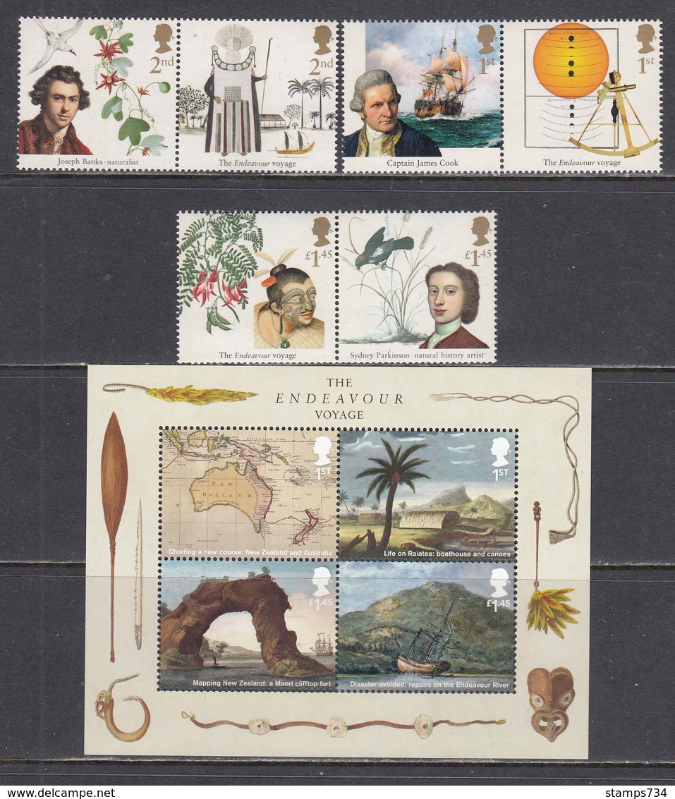 Great Britain 2018 - Captain Cook And The Endeavour Voyage, Set Of 6 Stamps+ S/sh, MNH** - Nuevos