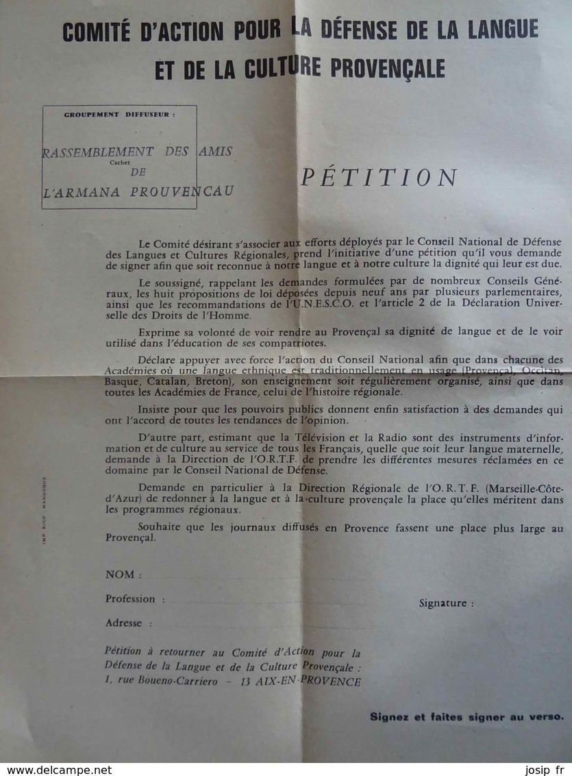 PROVENÇAL- TRACT PÉTITION POUR LA DÉFENSE DE LA LANGUE PROVENÇALE À L'ORTF Vers 1965 - Provence - Alpes-du-Sud