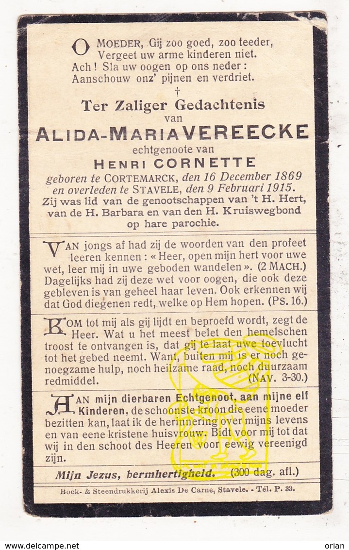 DP Alida M. Vereecke ° Kortemark 1869 † Stavele Alveringem 1915 X Henri Cornette - Devotieprenten