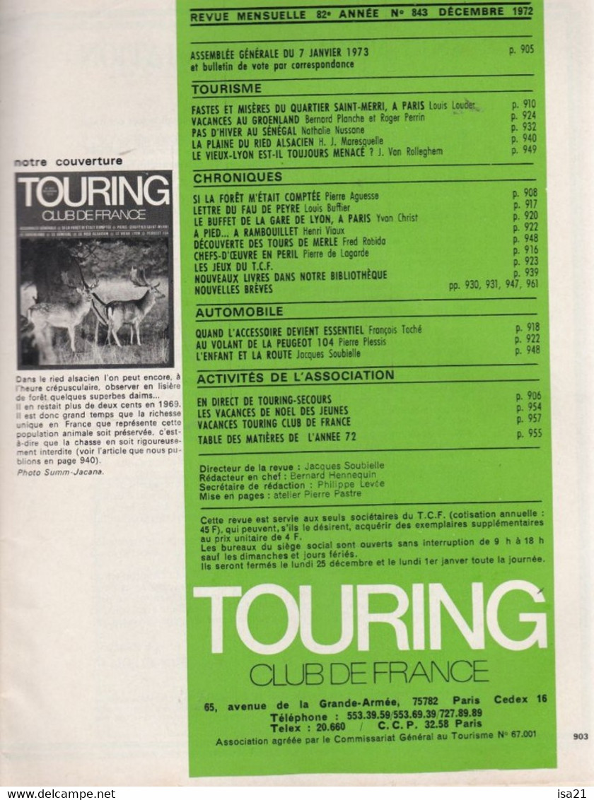 La Revue Du Touring Club 1972 Décembre: Ried Alsacien, St Merri Paris, Groenland, Sénégal, Vx Lyon, Le Sommaire Scanné - Tourisme & Régions