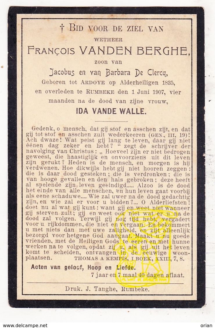 DP François Vanden Berghe / De Clercq ° Ardooie 1835 † Rumbeke Roeselare 1907 X Ida Vande Walle - Devotion Images