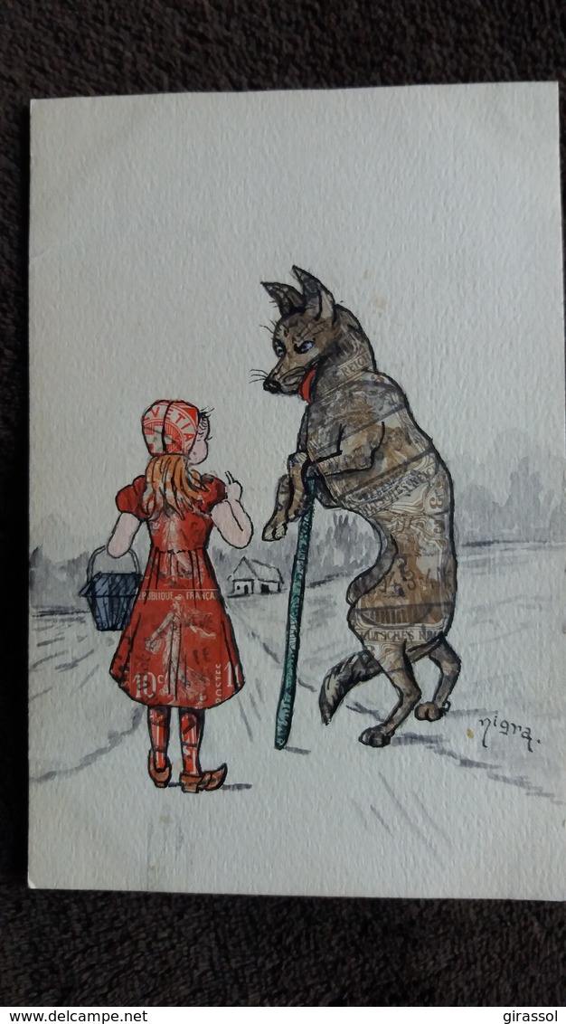 CPA LE PETIT CHAPERON ROUGE ACCOMPAGNE DU GRAND MECHANT LOUP DESSIN NIGRA  VETEMENTS REALISES AVEC TIMBRES COLLES - Dessins D'enfants