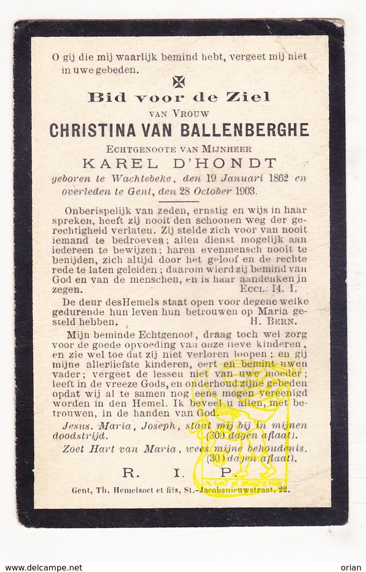 DP Christina Van Ballenberghe ° Wachtebeke 1862 † Gent 1903 X Karel D'Hondt - Images Religieuses