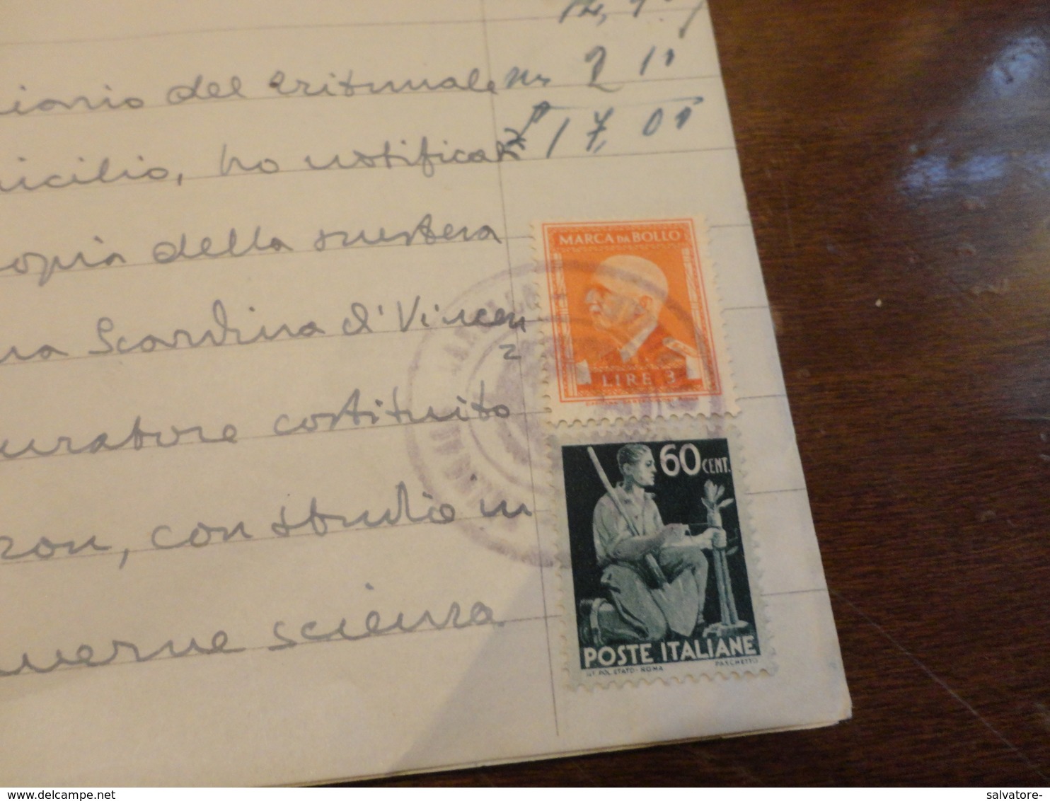 FRANCOBOLLO LUOGOTENENZA CENTESIMI 60 USATO COME FISCALE + MARCA DA BOLLO LIRE 8-DICEMBRE 1945 - Steuermarken