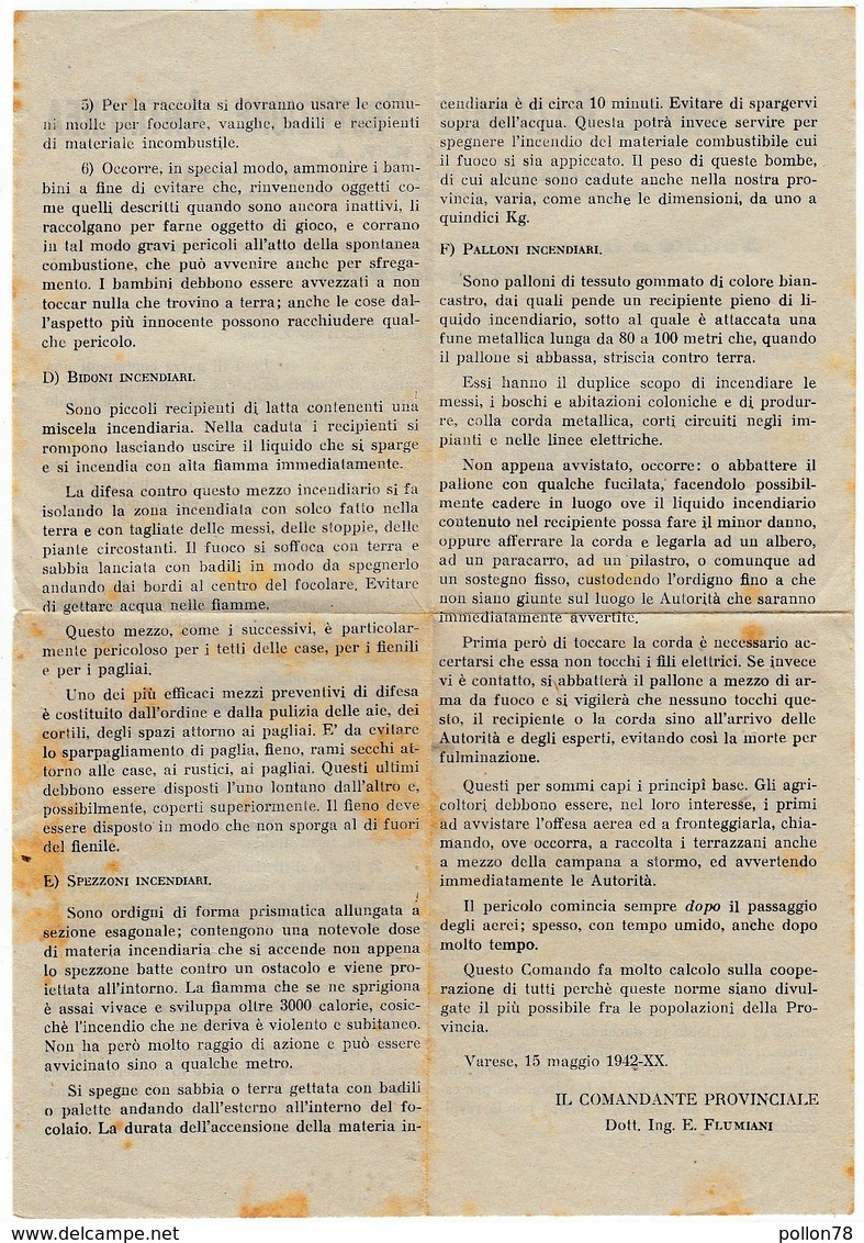 MILITARI - VOLANTINO, MANIFESTO - UNIONE NAZIONALE PROTEZIONE ANTIAEREA - COMANDO PROV. DI VARESE - 1942 - Vedi Retro - Documenti