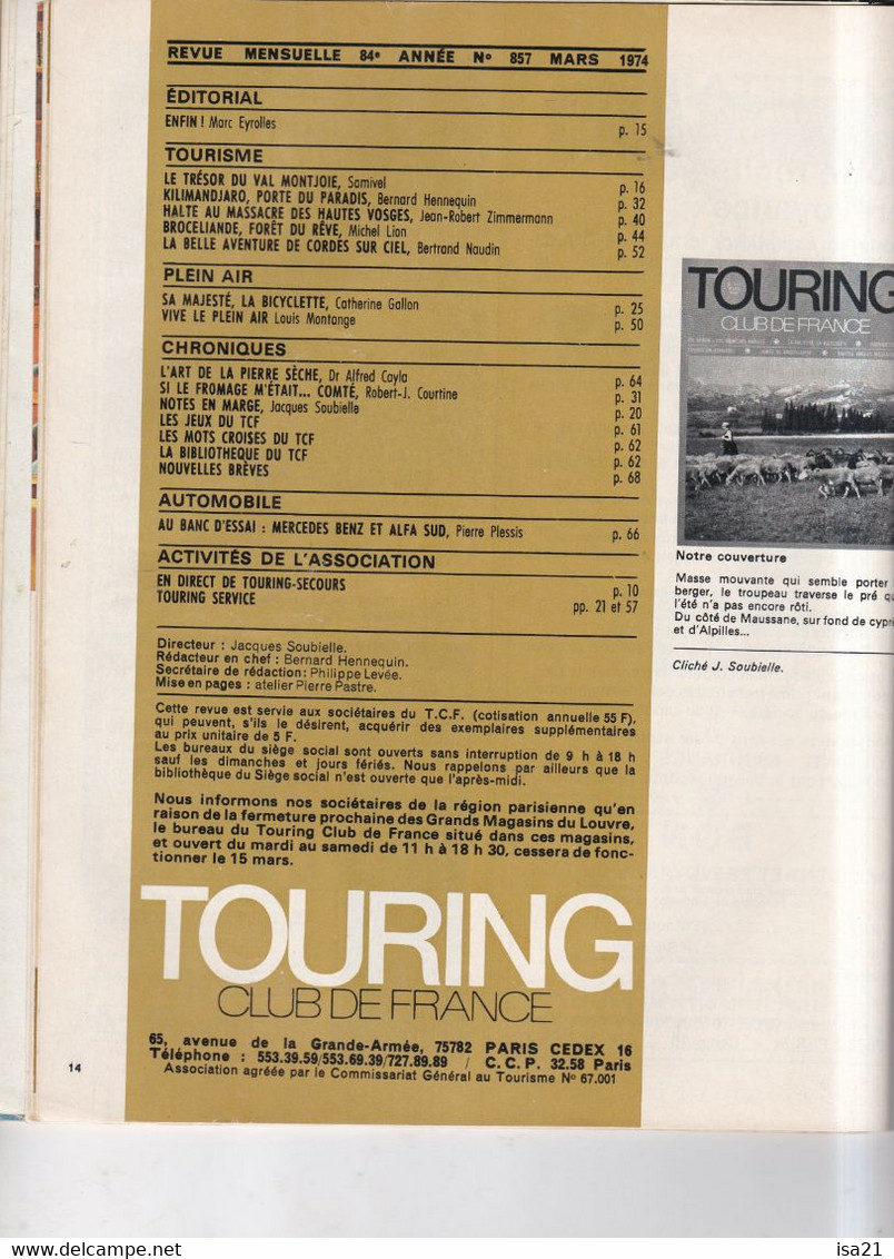 La Revue Du Touring Club 1974 Mars: Du Côté De Maussane, Val Montjoie, Kilimandjaro, Hautes Vosges, Le Sommaire Scanné. - Tourisme & Régions