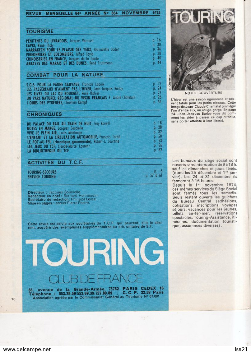 La Revue Du Touring Club 1974 Novembre: Livradois, Marrakech, Vexin, Le Sommaire Est Scanné - Tourisme & Régions