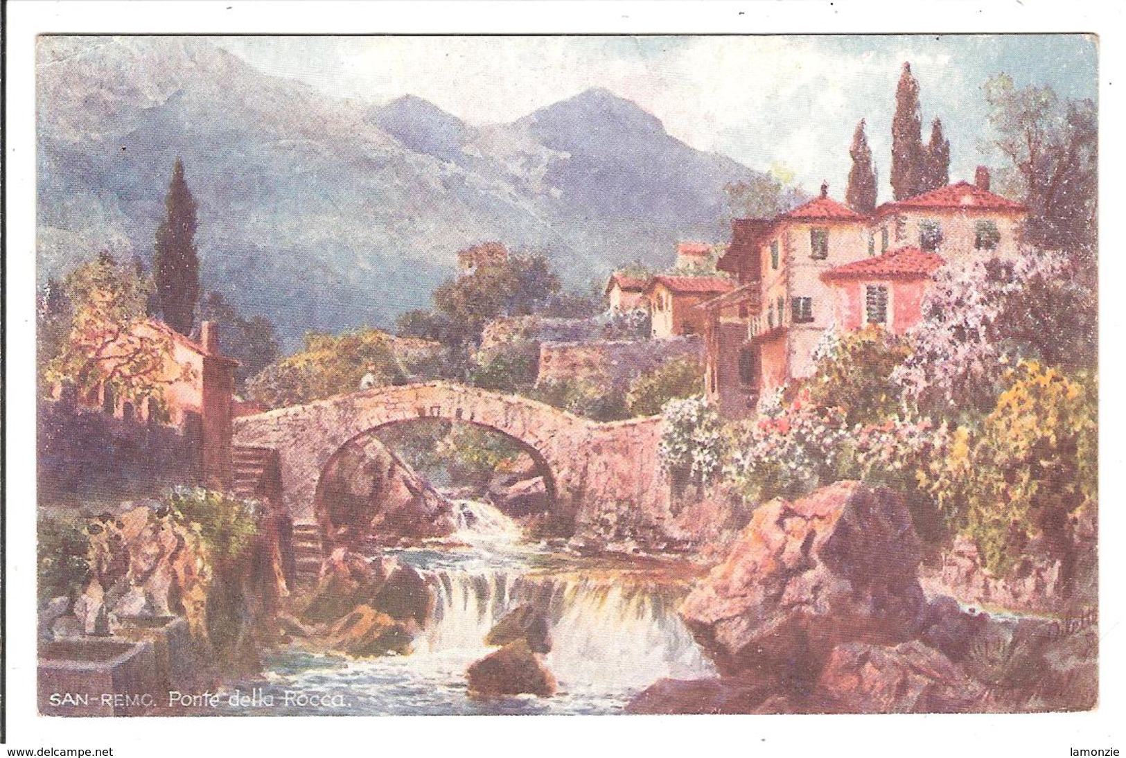 SAN REMO.  Cpa Colorisée (peinture). .   - Ponte Ella Rocca.   (scans Recto-verso) - San Remo