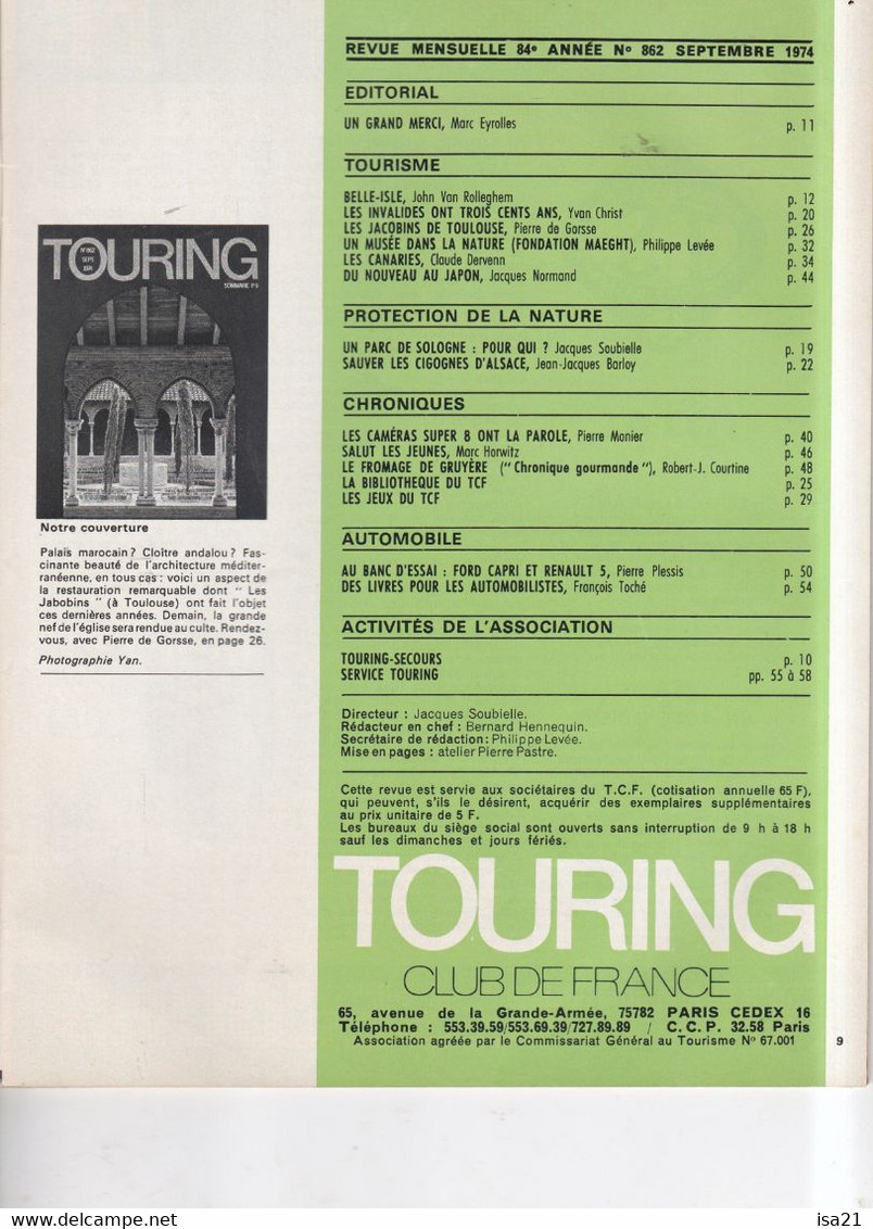 La Revue Du Touring Club 1974 Septembre: Belle-Isle, Les Invalides, Toulouse, Les Canaries, ,  Sommaire Est Scanné - Tourisme & Régions