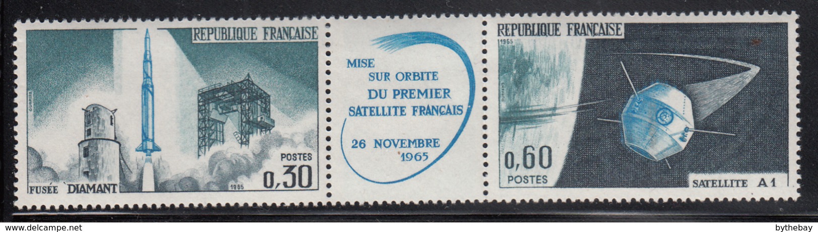 France 1965 MNH Sc #1138a Pair + Label Launch Of France's 1st Satellite - Télécom