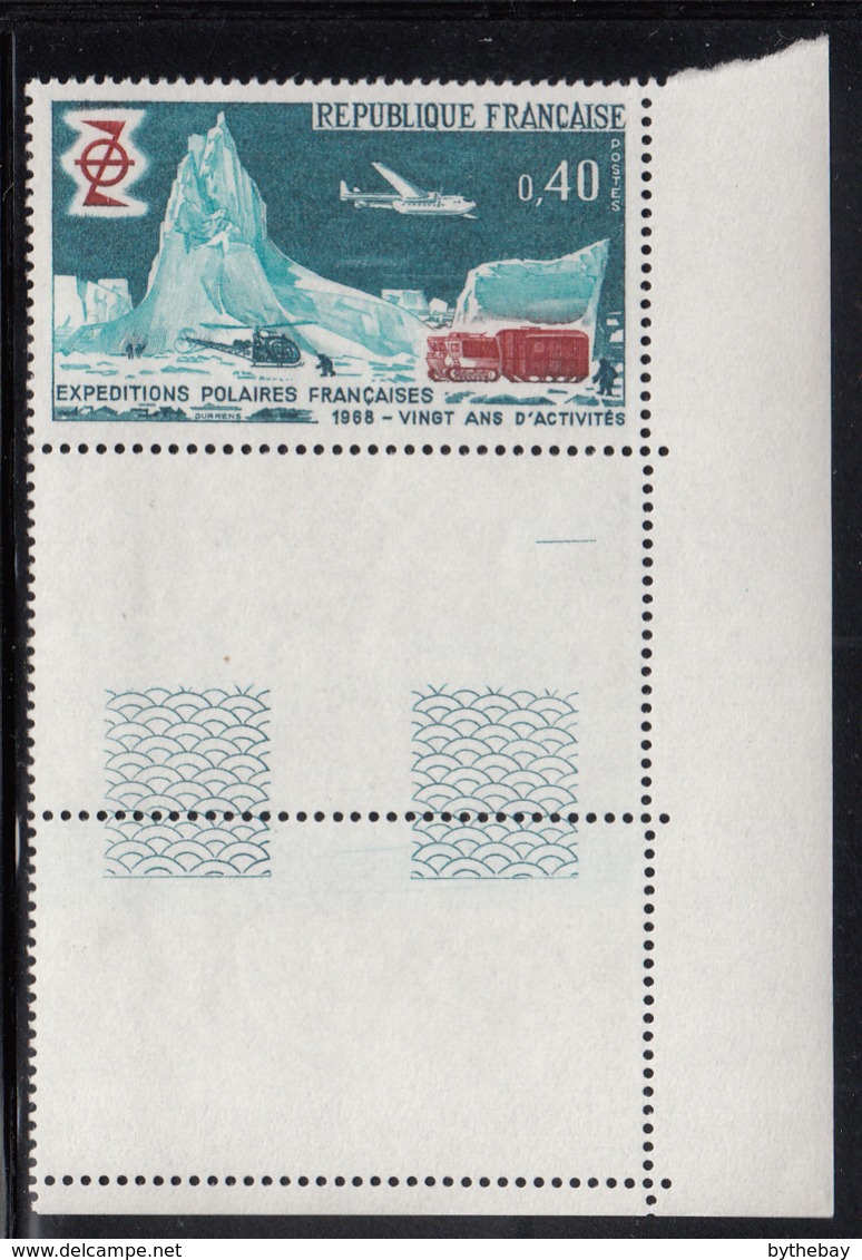 France 1968 MNH Sc #1224 40c Polar Camp, Helicopter, Plane, Snocat Polar Explorations Corner Copy With Tabs - Neufs