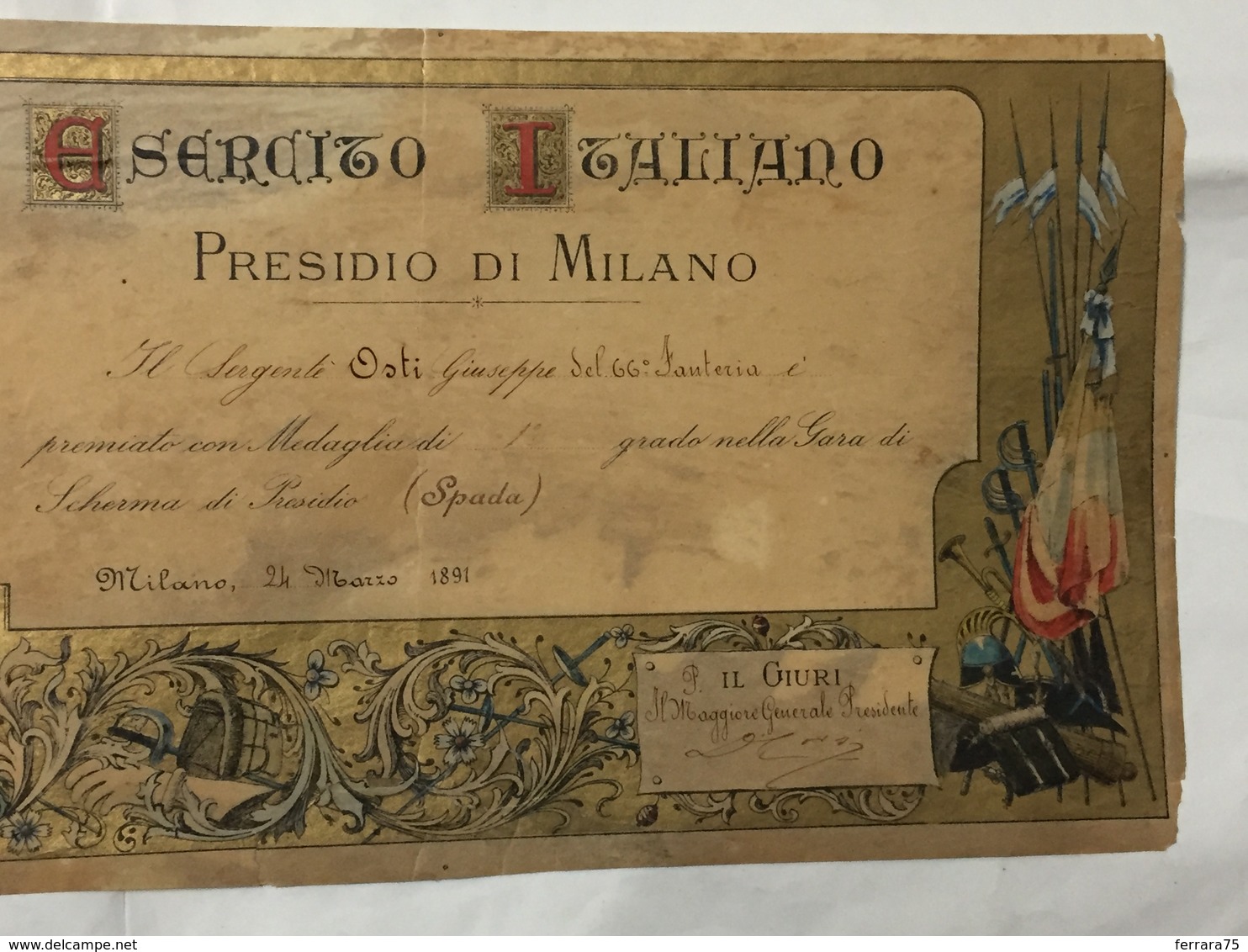 REGIO ESERCITO ITALIANO PRESIDIO  MILANO  DIPLOMA SCHERMA AQUILA SABAUDA 1891 SERGENTE 66°FANTERIA - Diplomi E Pagelle