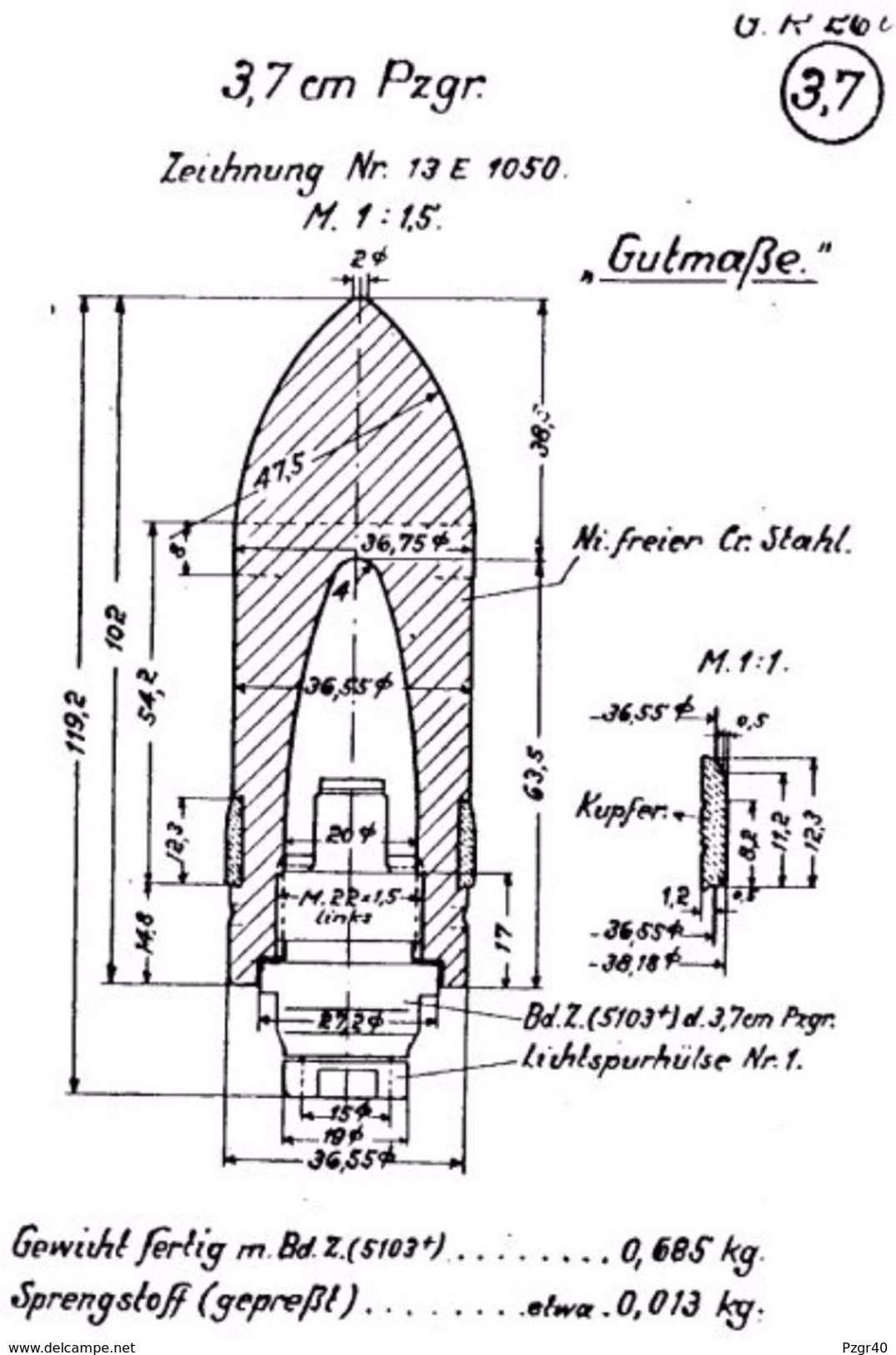 Inert German 37mm Panzergranate Obus Antichar Pak Kwk KPS - Armes Neutralisées