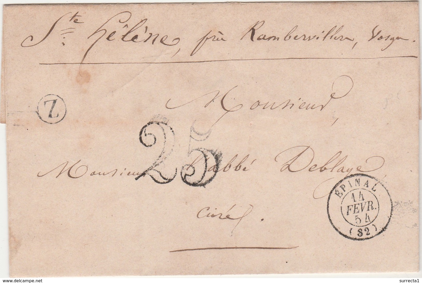 CAD Epinal 1854 / Envoi Village Ste Hélène Près Rambervillers 88 / Cachet Boîte Rurale + Taxe 25 - 1853-1860 Napoleon III