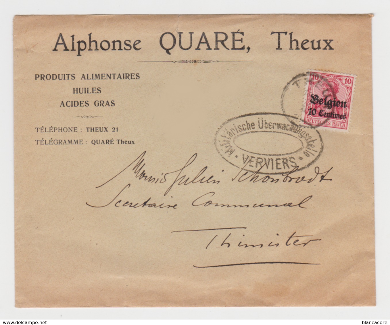 THEUX QUARé Alphonse + Cachet Censure Verviers Guerre 14/18 - OC1/25 Gouvernement Général