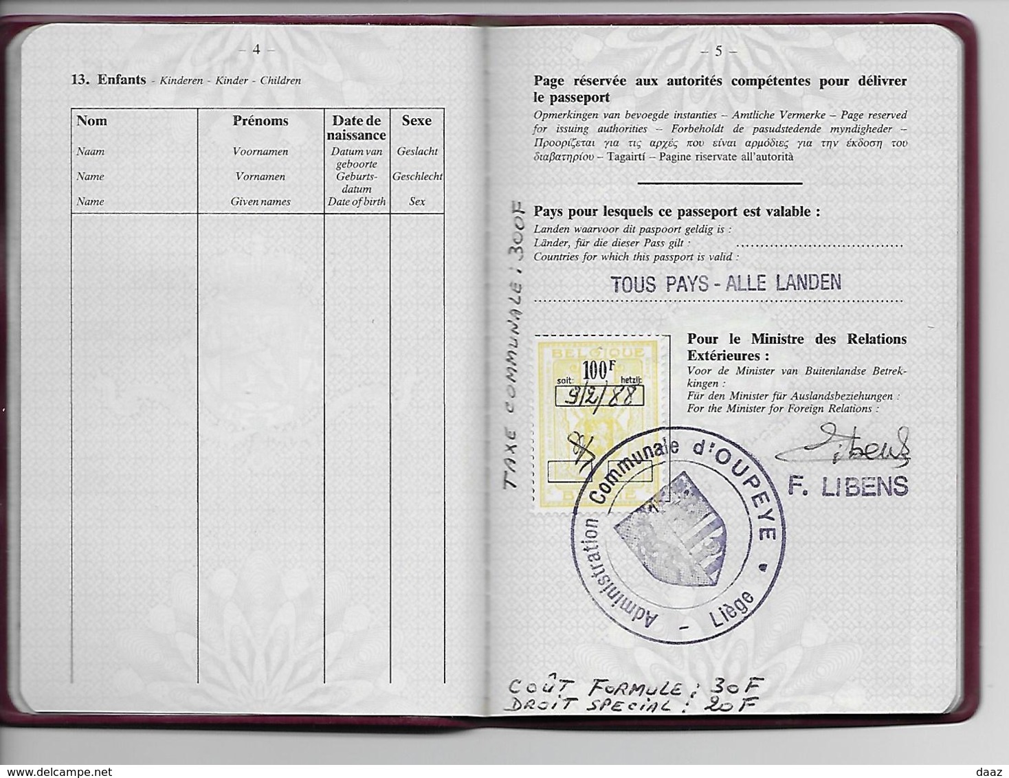 Passeport Passport Reispas  Communauté Européenne Belgique Belgium 1988 Visas Maroc Hongrie - Non Classificati