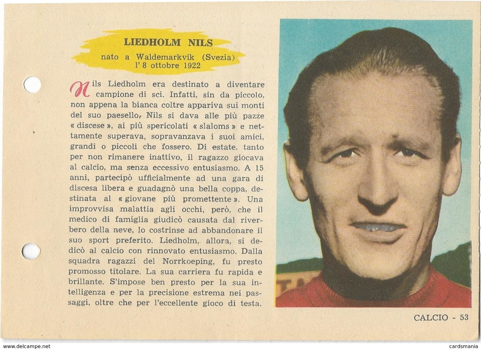 SCHEDA N° 53 NILS LIEDHOLM MILAN ENCICLOPEDIA DELLO SPORT 1958/59 - Altri & Non Classificati