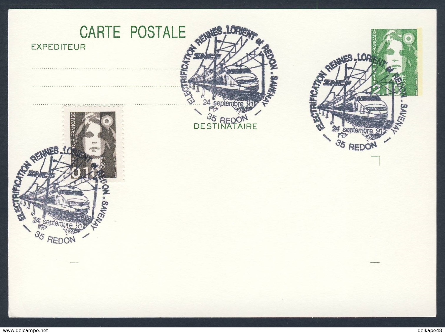 France Rep. Française 1991 Card / Karte / Carte - Électrification Rennes-Lorient Et Redon-Savenay / Elektrifizierung - Treinen