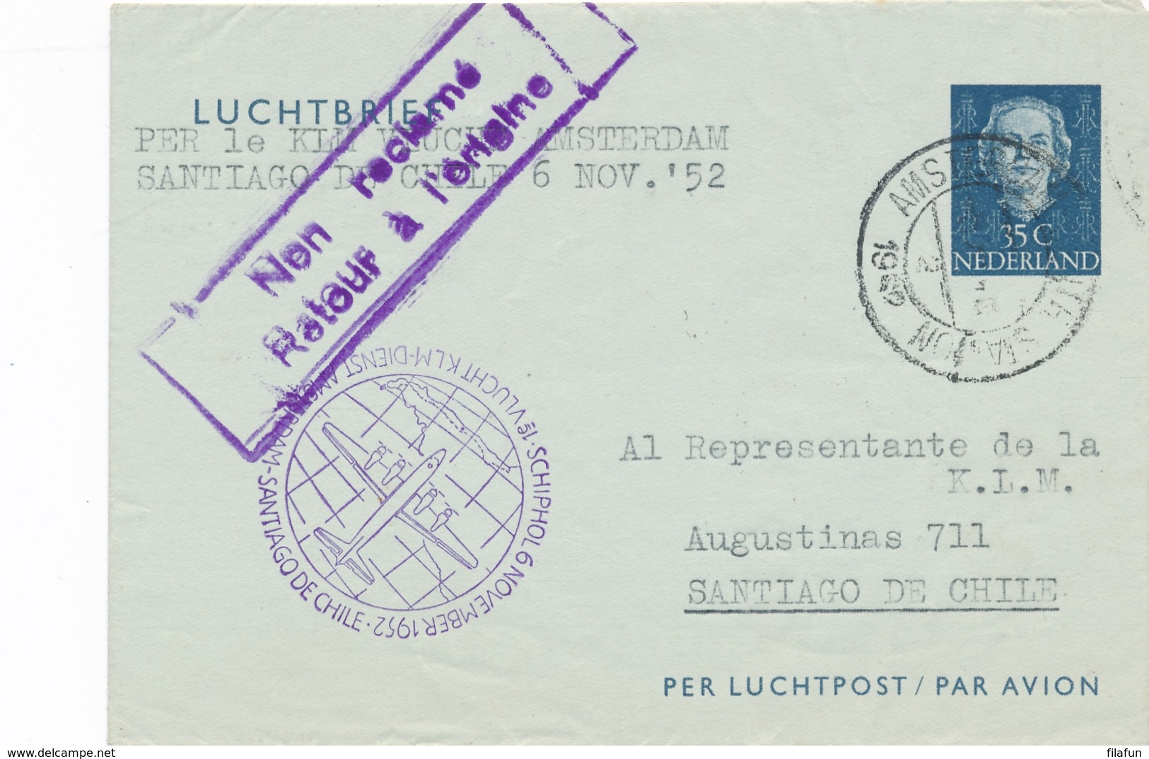 Nederland - 1952 - 35 Cent Juliana En Face, Luchtpostblad G4 Van Amsterdam Naar Santiago De Chile - Postwaardestukken