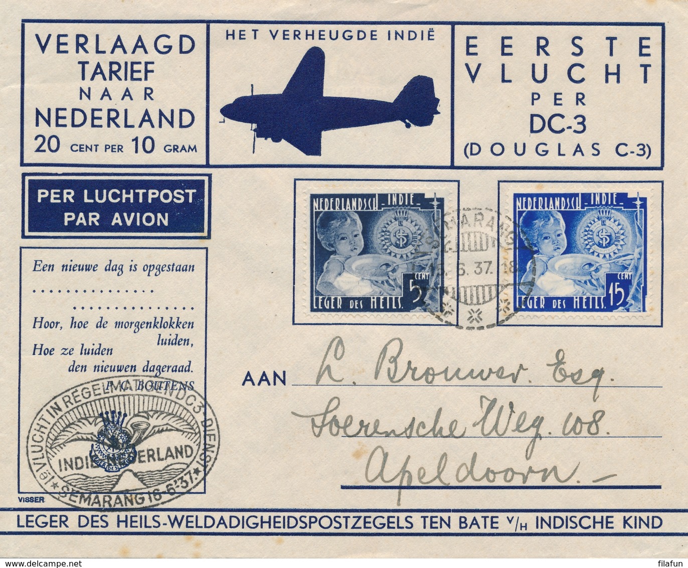 Nederlands Indië - 1937 - 5 En 15 Cent Leger Des Heils On Special Flight From LB Semarang To Apeldoorn / Nederland - Nederlands-Indië