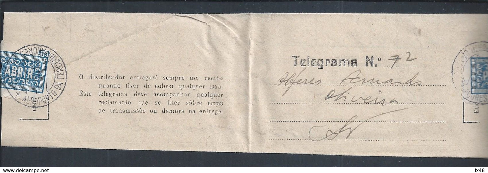 Telegrama Ref. 72 De 1945, Obliterado No Aeroporto De Terceira, Açores 1953. Telegram Obliterated In Airport Of Açores - Brieven En Documenten