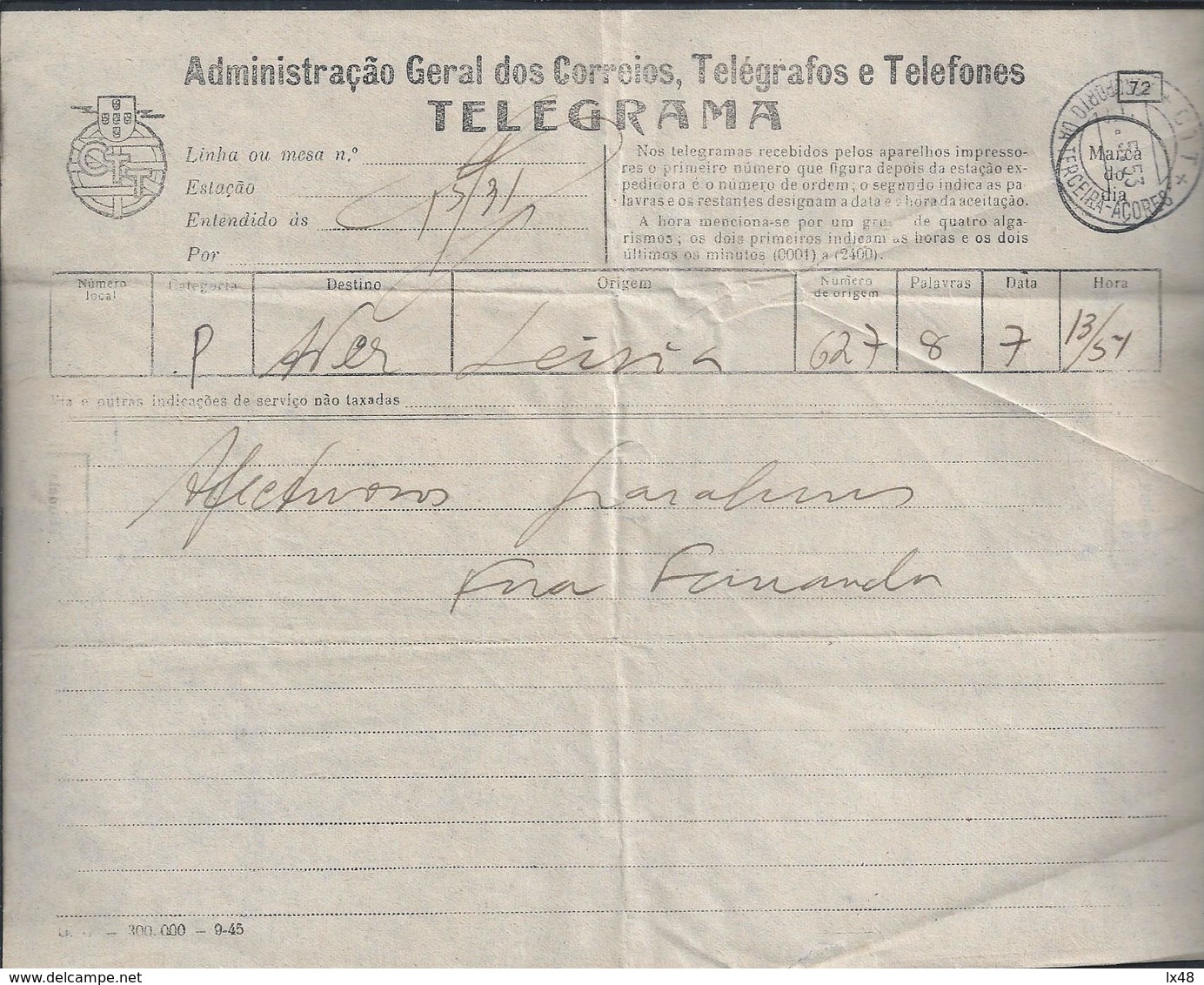 Telegrama Ref. 72 De 1945, Obliterado No Aeroporto De Terceira, Açores 1953. Telegram Obliterated In Airport Of Açores - Brieven En Documenten