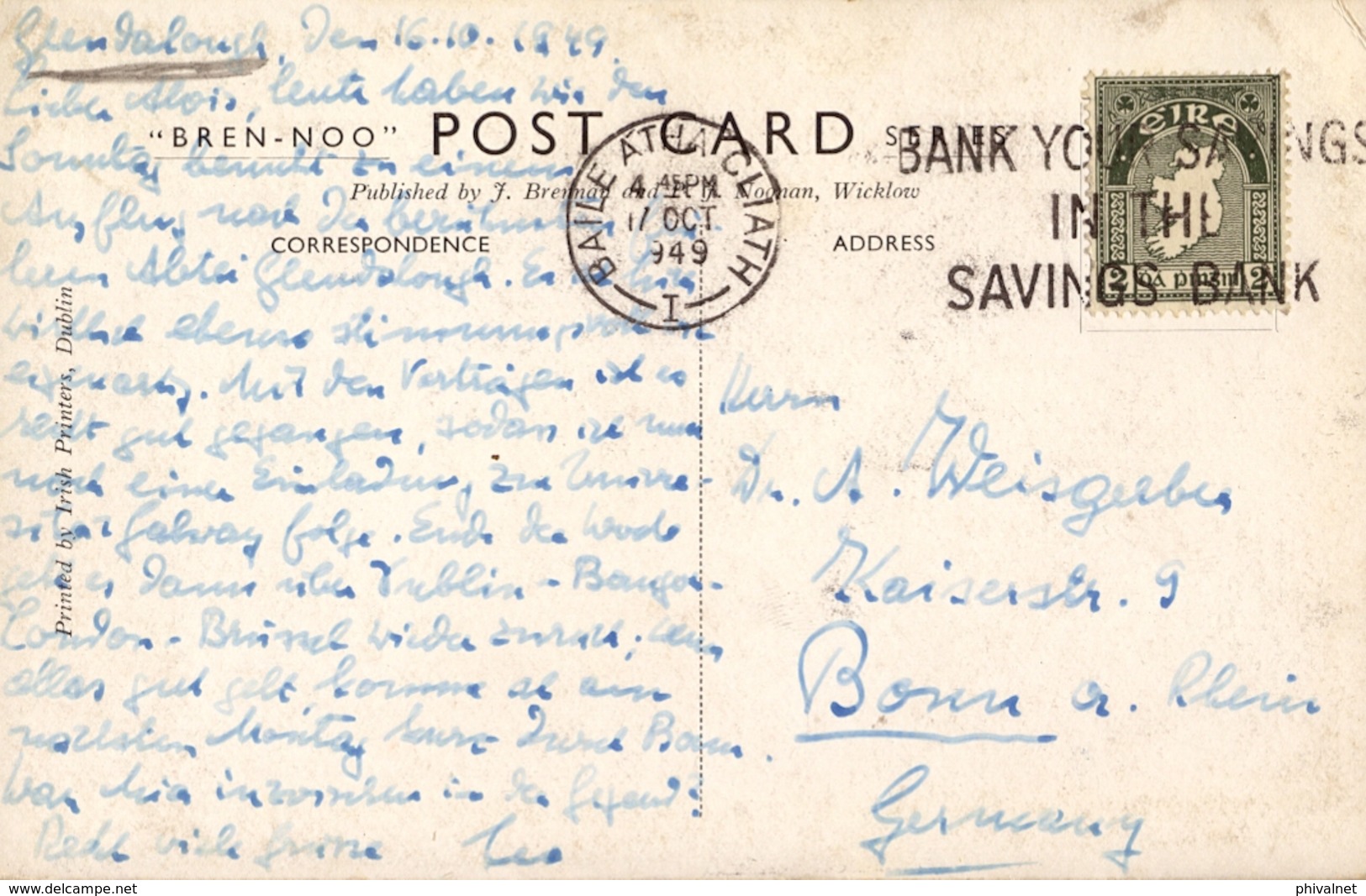 1949 , IRLANDA , TARJETA POSTAL CIRCULADA , BAILE ATHA CLIATH - BONN , ROUND TOWER AT GLENDALOUGH - Cartas & Documentos