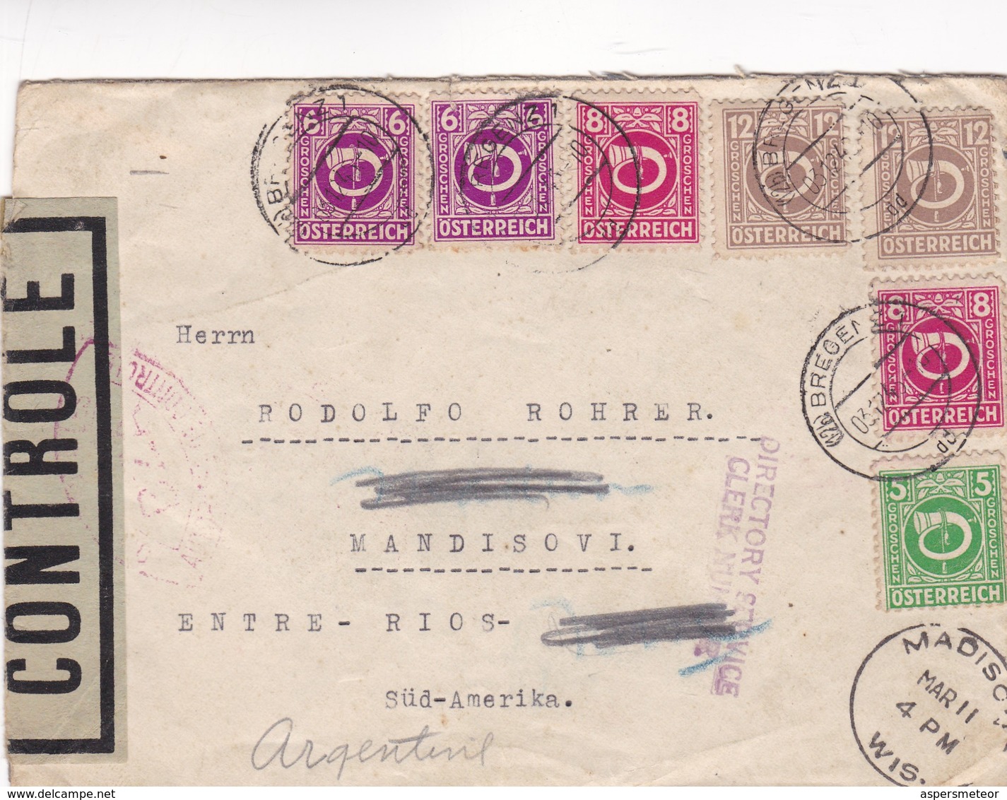 ENVELOPPE CIRCULEE AN 1946 BREGENZ A ENTRE RIOS(ARGENTINE) VIA NEW YORK-OPENED BY CENSOR-4 COLOR STAMPS...-RARE - BLEUP - Briefe U. Dokumente