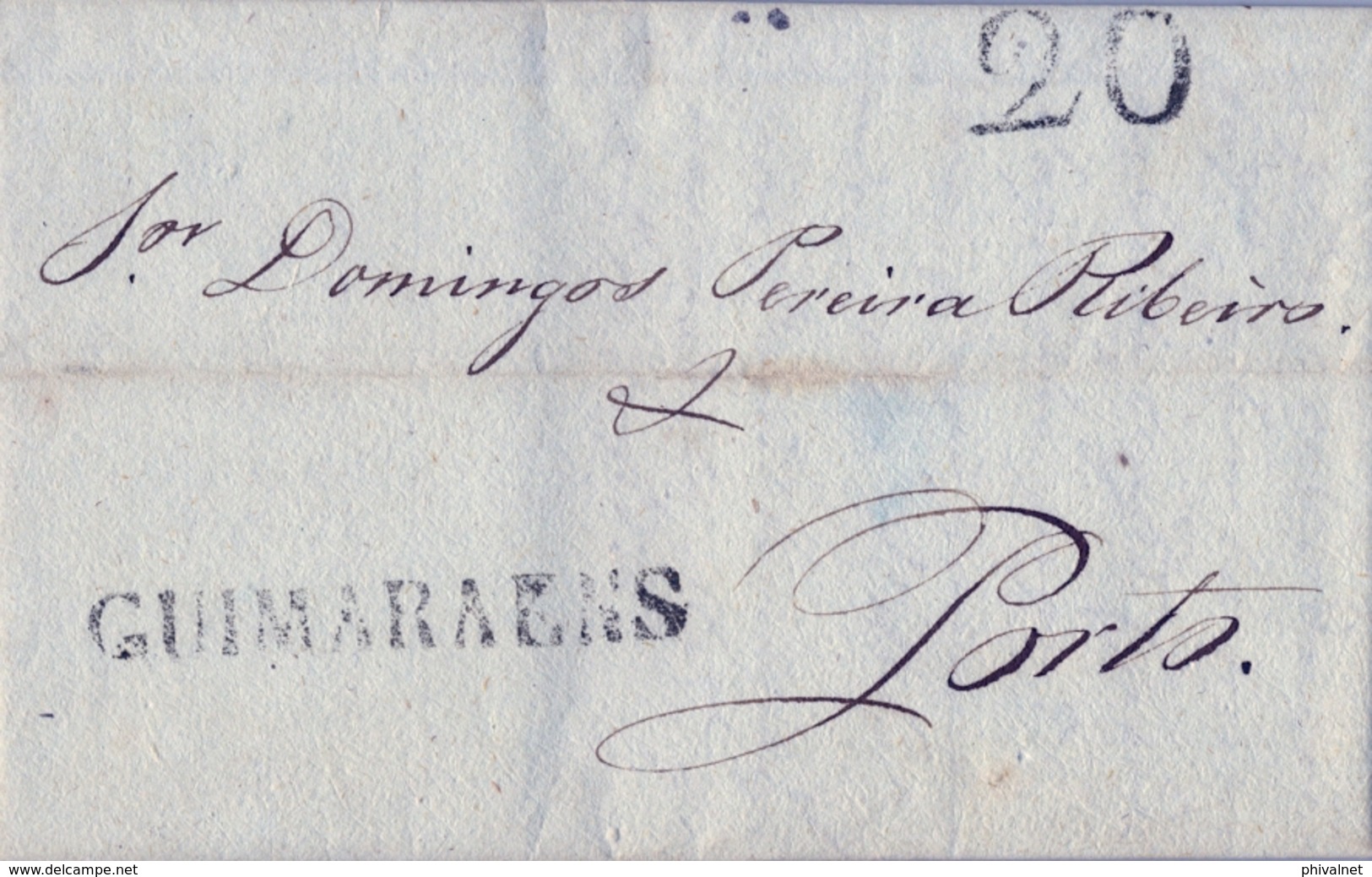 1827 , PORTUGAL PREFILATELIA , GUIMARAES - PORTO , MARCA LINEAL EN NEGRO " GUIMARAENS " , PORTEO " 20 " - ...-1853 Préphilatélie