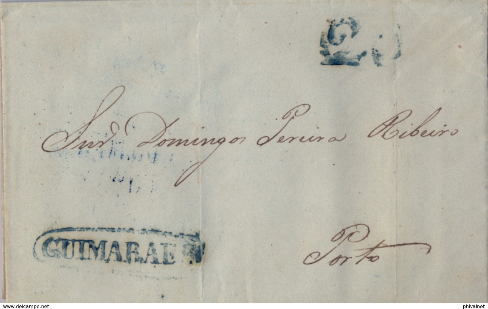 1844 , PORTUGAL PREFILATELIA , GUIMARAES - PORTO , MARCA OVAL " GUIMARAES " , PORTEO " 20 " , LLEGADA - ...-1853 Préphilatélie