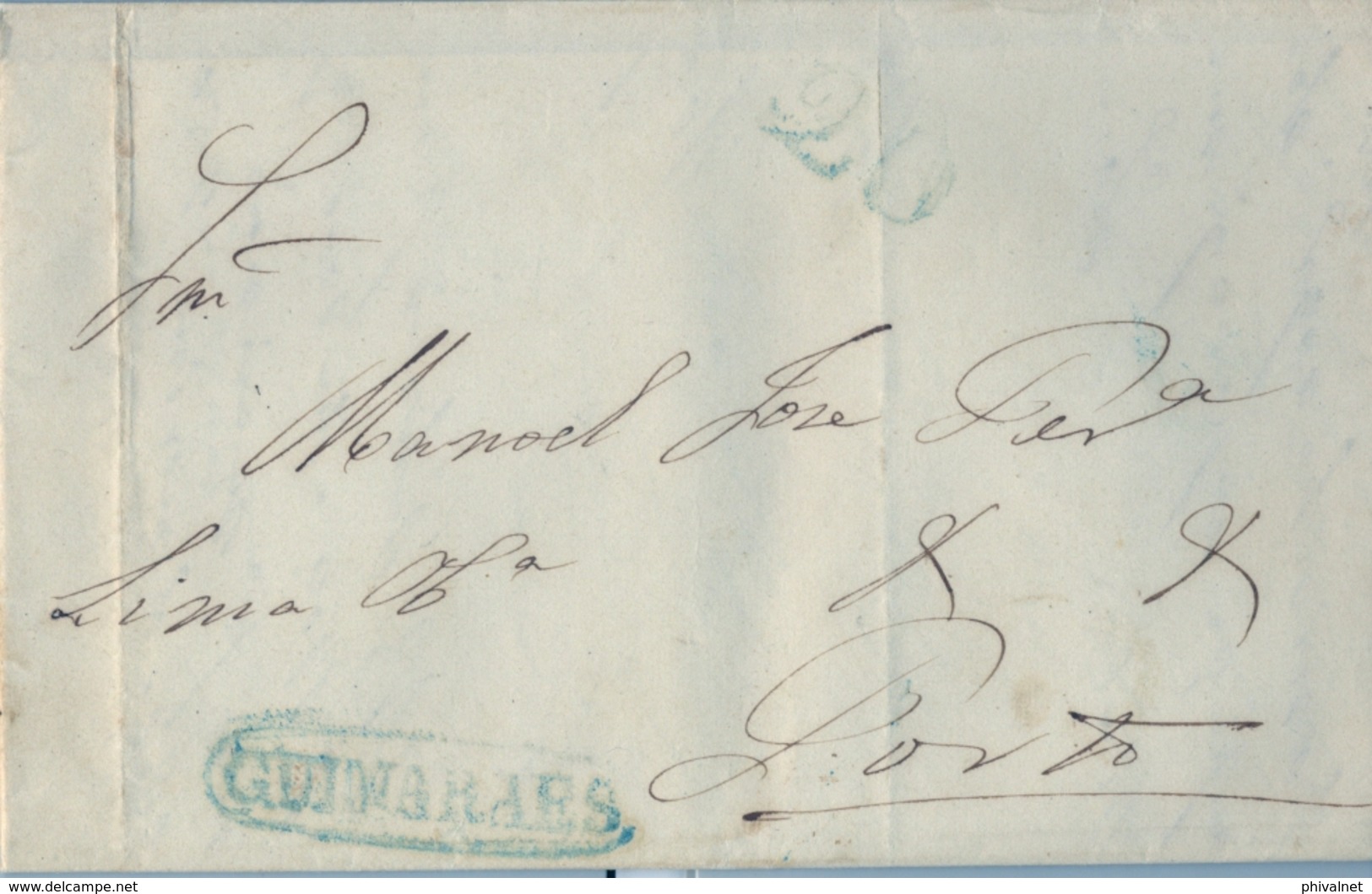 1851 , PORTUGAL PREFILATELIA , GUIMARAES - PORTO , MARCA OVAL " GUIMARAES " , PORTEO " 20 " , LLEGADA - ...-1853 Prephilately